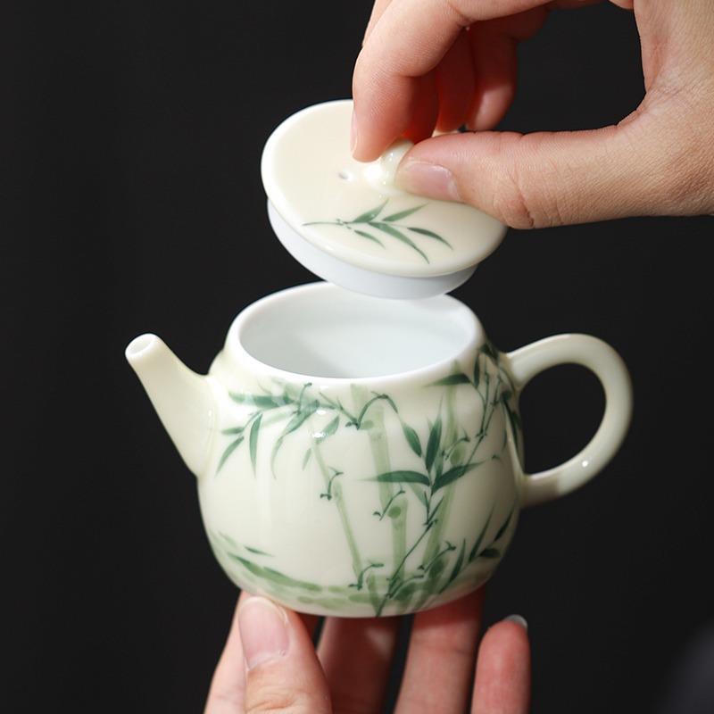 纯手绘翠釉绿竹小平茶壶单个陶瓷带盖泡茶器新中式喝茶茶壶套装