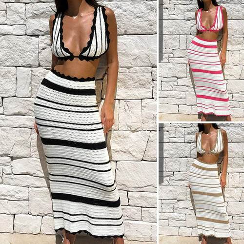 Women'S Striped Print Tie Back Backless Crop Tank Top & Long