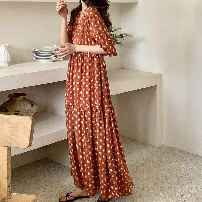棉绸睡裙女夏复古睡衣家居服波西米亚风绵绸长裙可外穿法式连衣裙