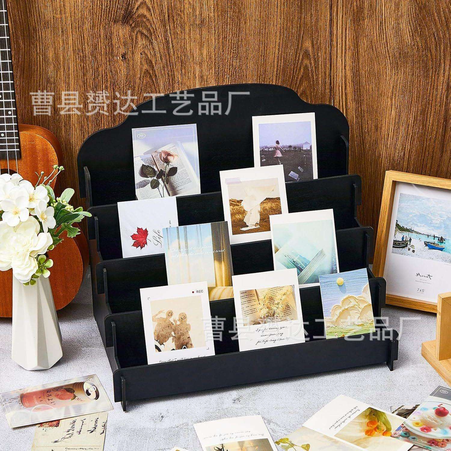 桌面木制贺卡展示架贴纸收纳架便携式卡片装饰架阶梯式绘本置物架图片