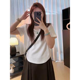 加码宽松的u领白色右肩短袖t恤为妇女夏季新胖毫米苗条的外观和覆