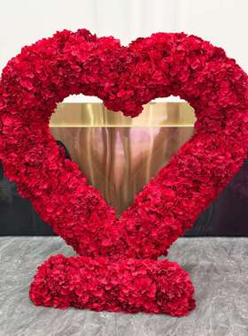跨境爱心红色心型花 婚礼舞台背景布置花艺 心型架子拱门装饰假花