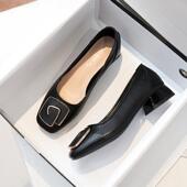 春秋粗跟单鞋 久站不累大0206zd 黑色工作鞋 女夏新款 浅口低跟奶奶鞋