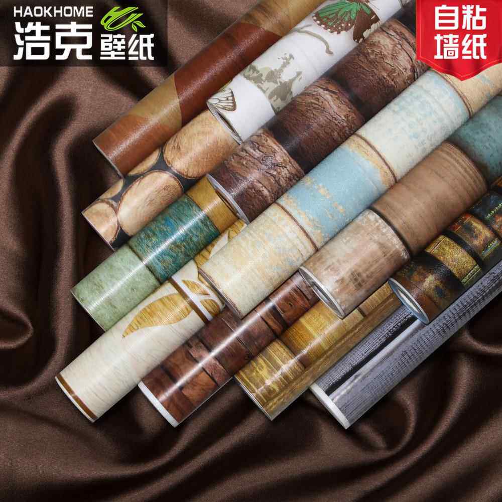 北欧竖条纹地中海仿真木纹PVC自粘木板墙纸宿舍北京家具翻新贴纸