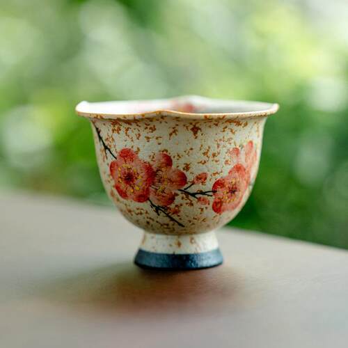 青花火石红纯手绘梅花高足杯主人杯茶杯中式家用陶瓷喝茶品茗杯子