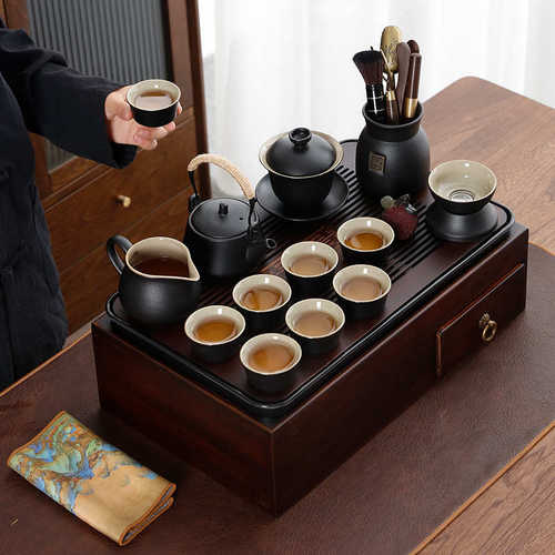 多功能收纳盒茶盘大号日式风格功夫茶具套装茶台托盘家用复古储物
