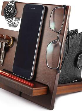 跨境实木手机支架懒人收纳架手机底座可挂手表眼镜钥匙桌面展示架