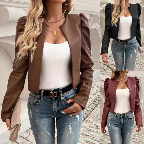 Women's long sleeved short leather jacket