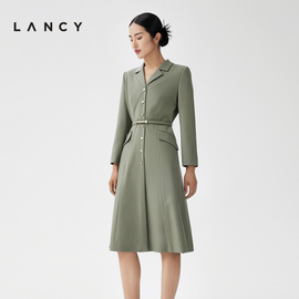 LANCY/朗姿2023秋冬翻领羊毛羊绒西装连衣裙子女收腰气质通勤