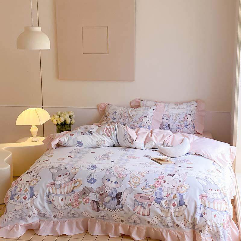 欧式少女心水洗棉花边款全棉床上四件套1.5m1.8米公寓被套床单三