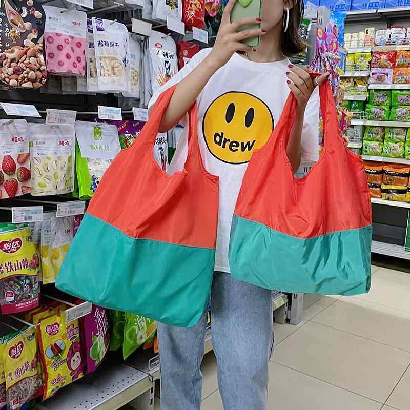 双色拼接可折叠购物袋家用手提袋加印LOGO买菜包收纳袋便携环保