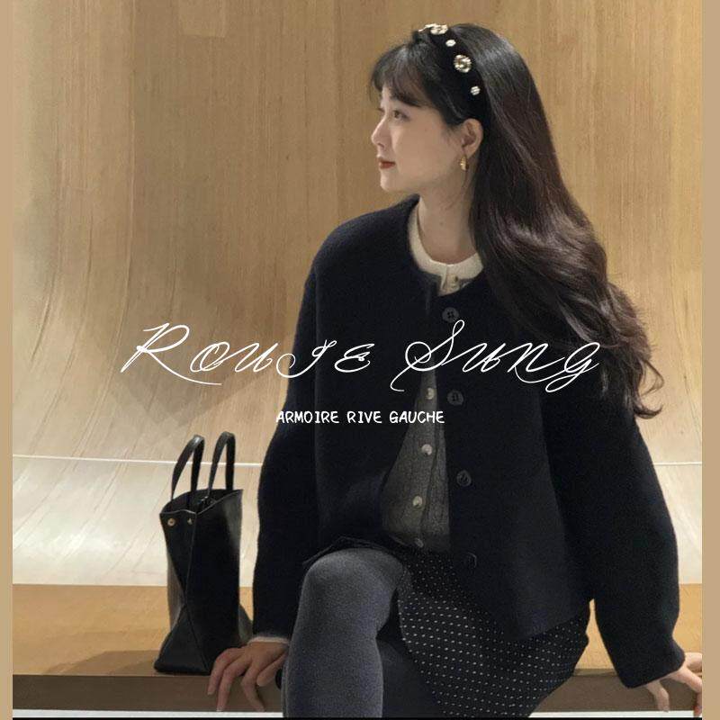 ROUJE SUNG韩系黑色简约圆领短款毛呢外套女春季新款通勤呢子大衣