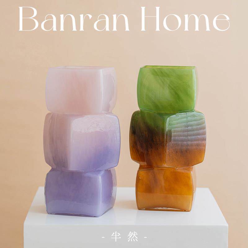 琉璃方口花瓶小众设计感轻奢高级感几何中古绿色玻璃归缶花器摆件图片