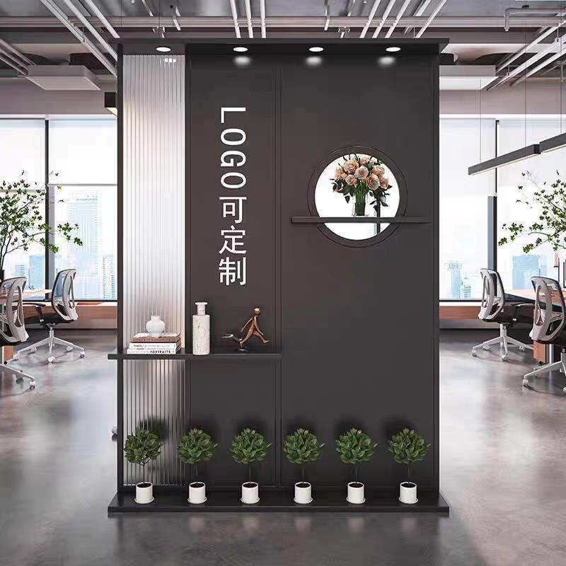现代简约长虹玻璃办公室进门隔断铁艺屏风公司前台玄关背景Logo墙