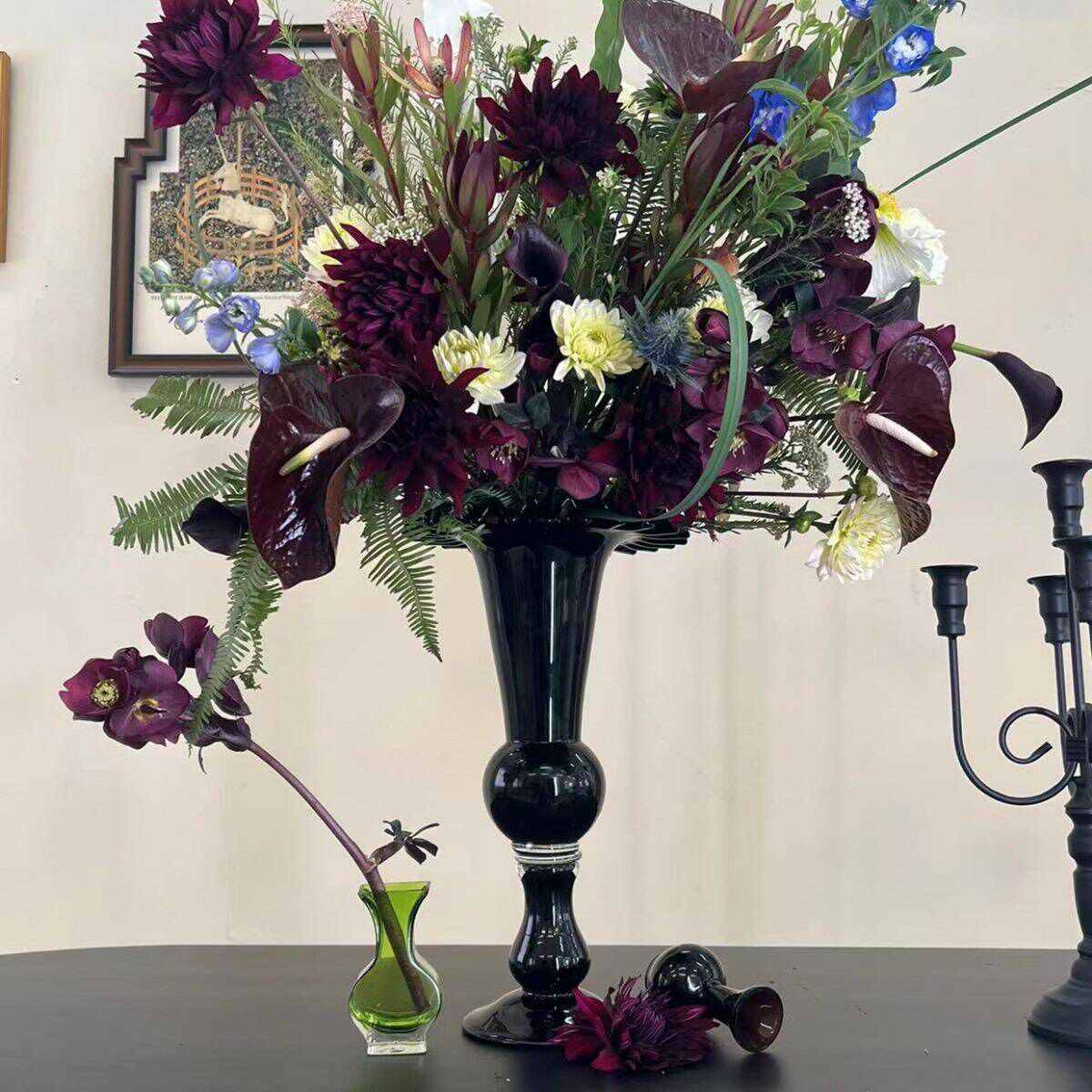 中古法式黑色高脚杯玻璃花瓶高款家居装饰客厅艺术花瓶摆件ins风