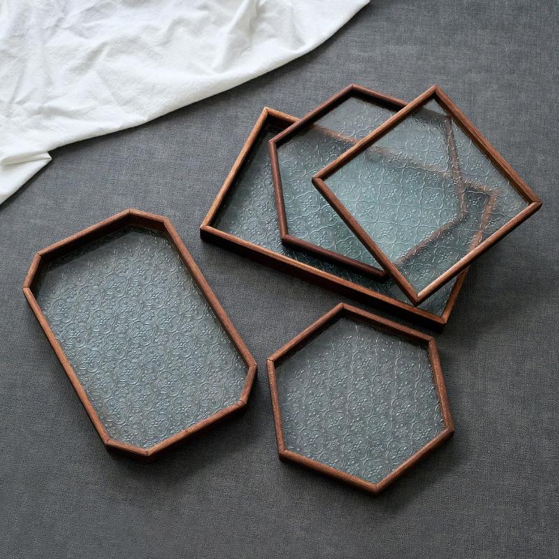 ins长方形木质玻璃茶盘香薰托盘