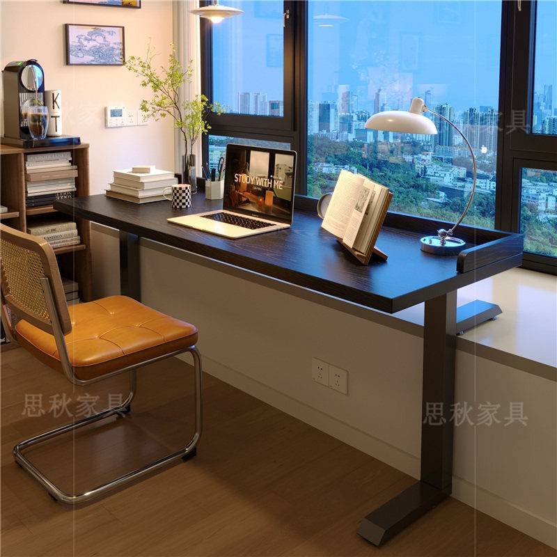 实木飘窗书桌高低脚长短腿桌子卧室窗台写字办公桌家用黑色电脑桌