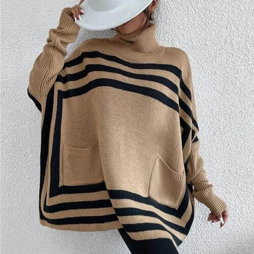 Knitted women's clothing with a high collar, striped cape,