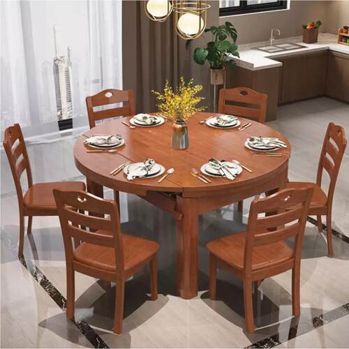 木餐桌椅组实合LT-002现代中式橡桌胶木一六椅可伸缩餐方圆两用饭