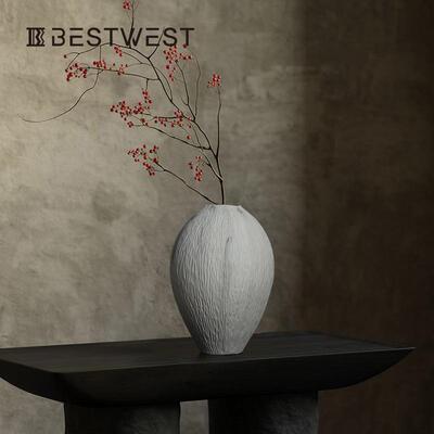 直销新款博西家居 白色陶瓷大肚哈密瓜花瓶陶罐家居客厅高级感新