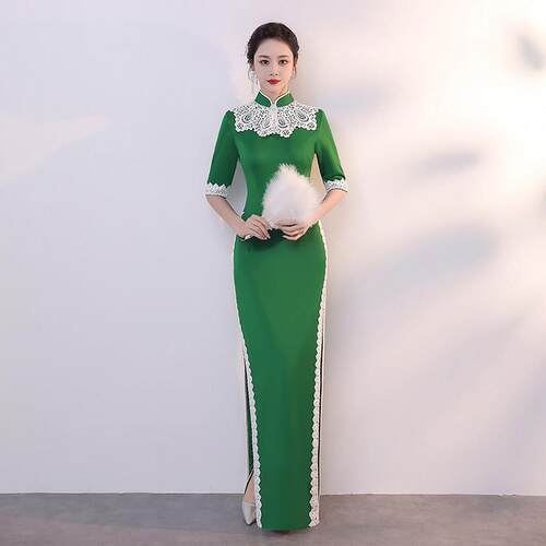 2025新款修身改良走秀旗袍演出服女绿色中袖长款舞台高开叉礼服秋