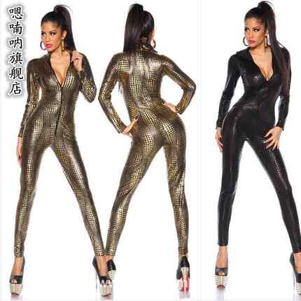 嗯喃呐蛇皮漆皮拉链式连体裤演出服性感领舞服复古欧美DS舞台装