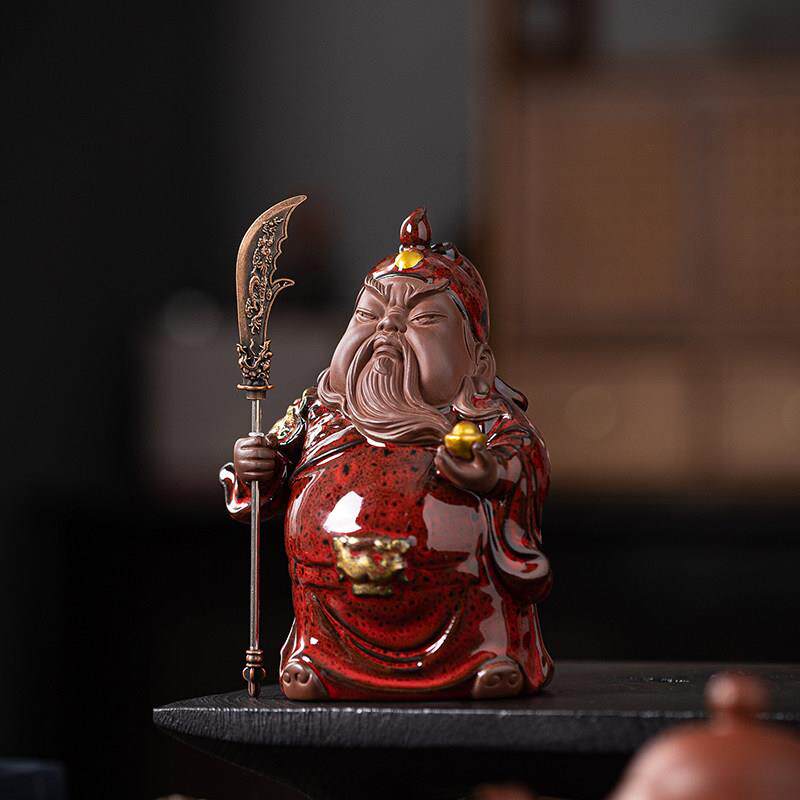 三国人物关公摆件武圣关羽雕像茶室客厅书房桌面装饰品陶瓷工艺品