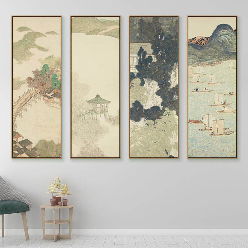 新中式山水装饰画 画现代水墨画 画竖条纹屏四联古风挂画 画客厅