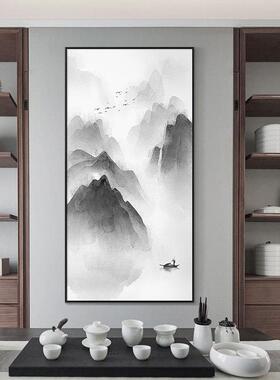 新中国风入口走廊过道装饰画水墨画山水画办公室茶室挂画垂直山水
