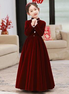 女童生日礼服2025新款高端红色儿童公主裙小主持人钢琴演出服春款