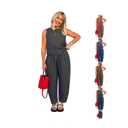 Womens Two-Piece Gingham Print Tank Top And Wide Leg Pants