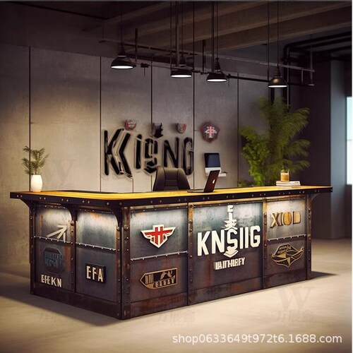 美式工业风吧台奶茶店酒吧烧烤店复古收银台铁艺咖啡厅接待台转角