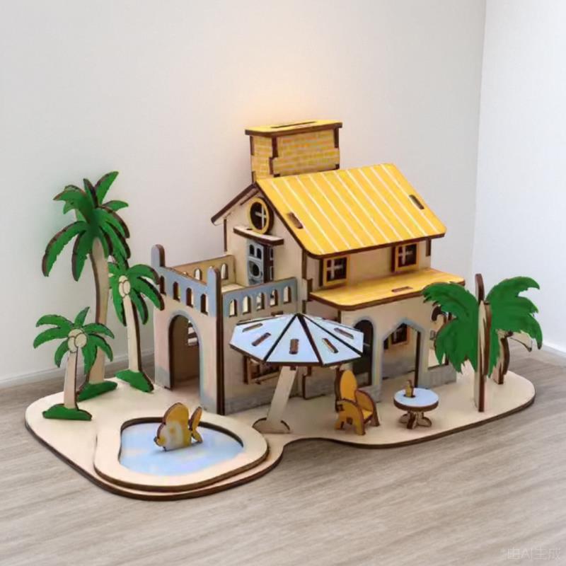 木质小房子儿童孩子别墅海滨小筑3d立体拼图手工制作拼装房屋模型