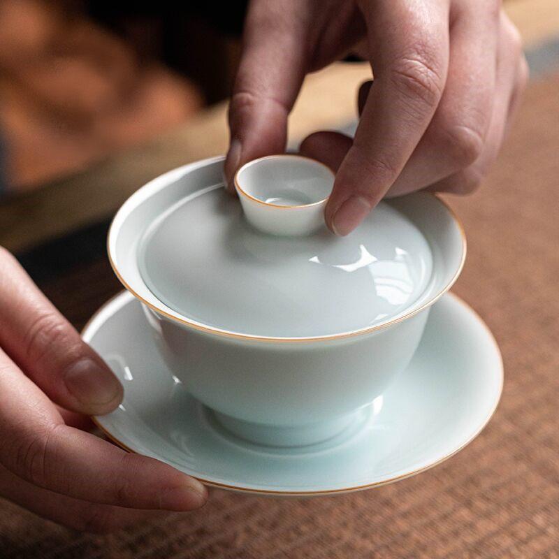 影青甜白瓷三才盖碗茶杯薄胎大号单个玉瓷泡茶碗带盖子陶瓷功夫茶