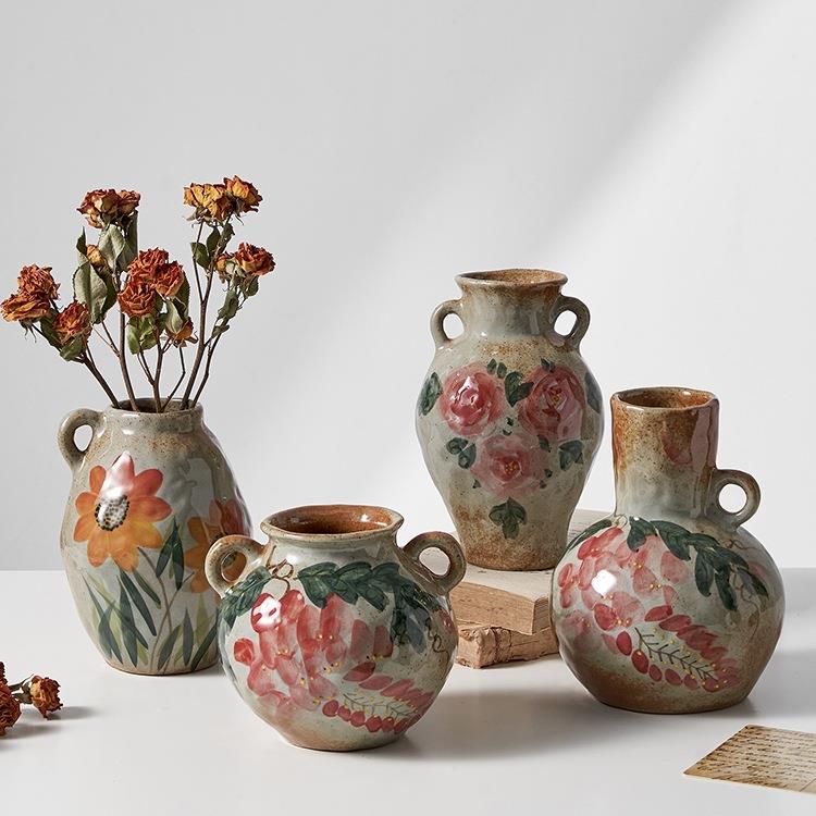 中古手绘陶瓷花瓶摆件水培插花鲜花客厅茶几复古迷你陶罐装饰花器