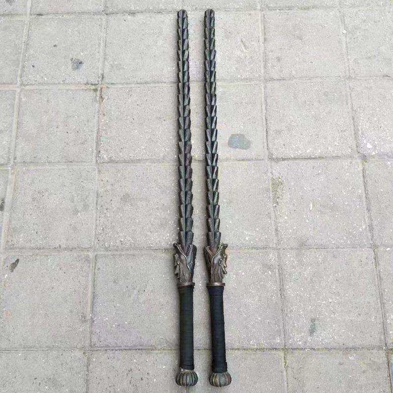 武术器械仿古做旧十八般兵器钢鞭双锏 龙头实心双鞭兵器麦穗鞭