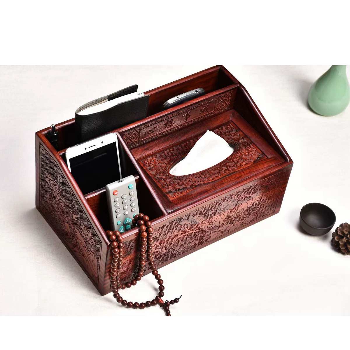 红酸枝心想事成遥控器纸巾收纳盒实木客厅茶几国风轻奢桌面整理盒