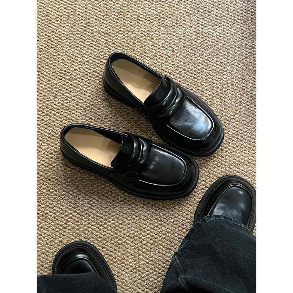 潮牌厚底增高皮鞋男2025秋冬新款老钱风真皮懒人一脚蹬方头乐福鞋