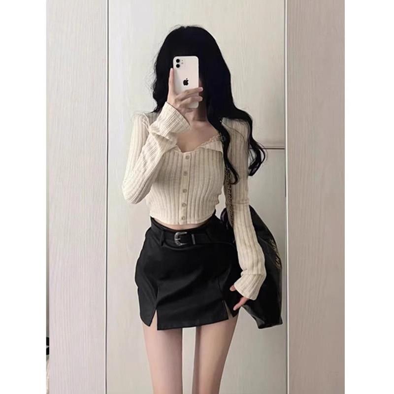 好货甜美日系方领蕾丝条纹开衫长袖t恤女秋季辣妹纯欲风修身短款