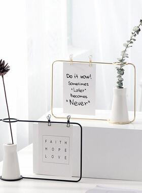 ins北欧简约金色铁艺陶瓷小花瓶摆件 干花花插家居装饰留言架