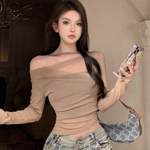 Women's Sexy Sheer Mesh Patchwork Asymmetrical Shoulder Long