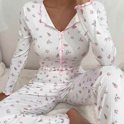 Home clothes, collars, rolled edges, long sleeved pajamas,