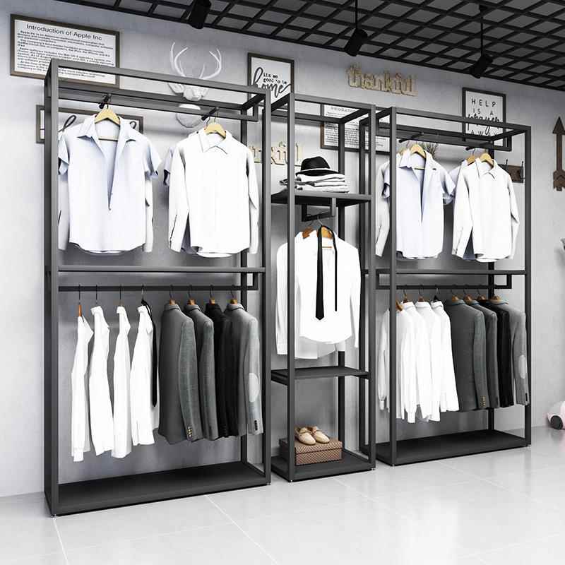 新款直销黑色服装店展示架男装店铺货架落地式双层陈列挂衣架铁艺
