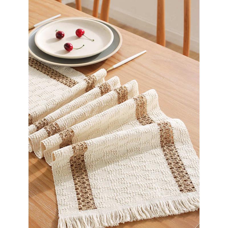 复古布艺桌旗北欧简约轻奢对称拼色流苏长桌布节日茶台桌旗装饰巾