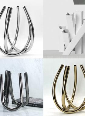 日本进口现代简约金属交织花器花插摆件黑色圆管花器样板间客厅桌