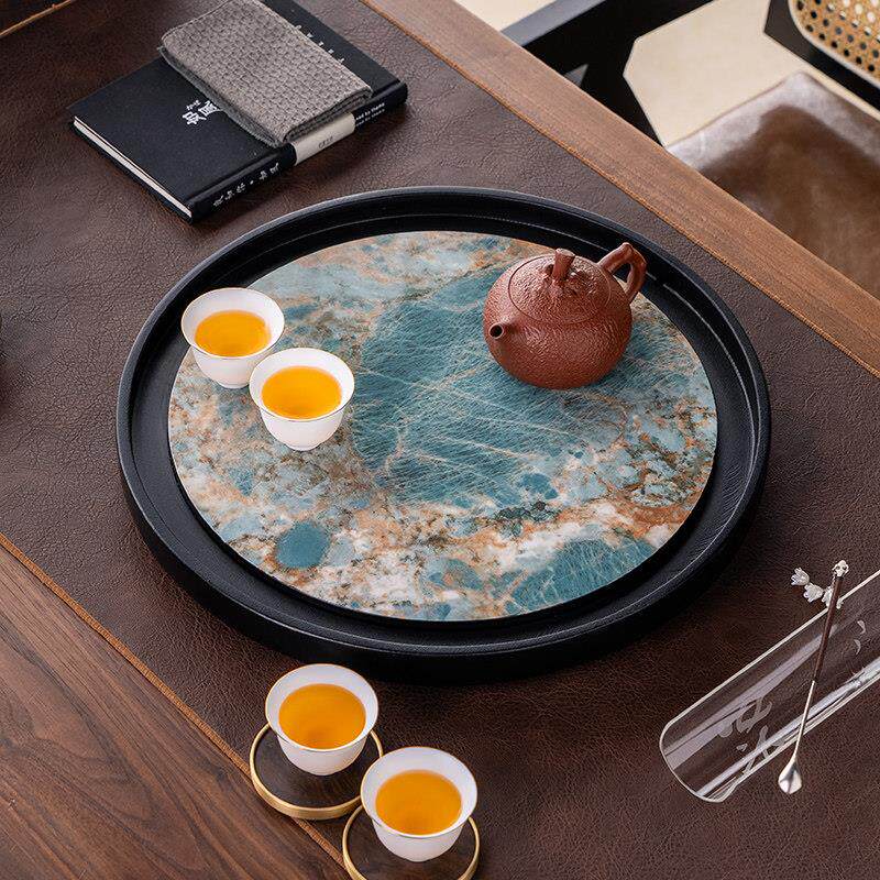 圆形乌金石茶盘茶海奢石岩板储排两用轻奢沥水简约小型干泡台托盘