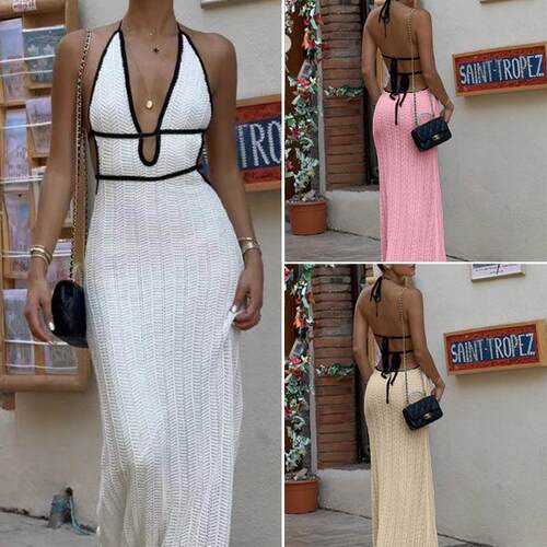 Women'S Contrast Trim Backless Deep V Neck Cover Up Dress