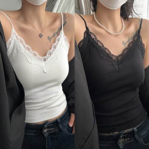 Women's Lace Trim Spaghetti Strap Slim Fit Elastic Plain
