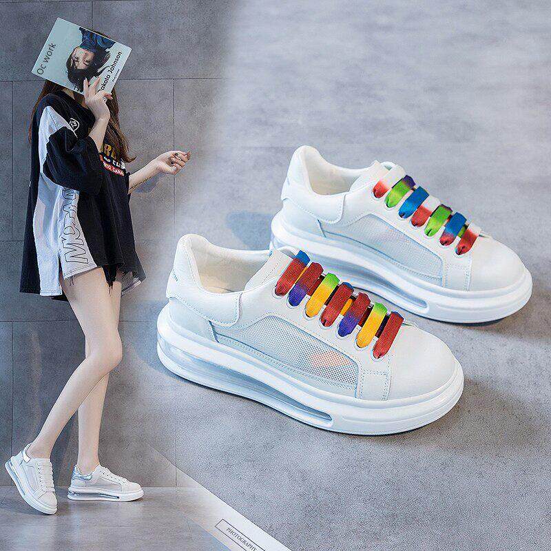 潮牌真皮小白鞋女2025夏季薄款网面透气厚底网鞋休闲气垫运动板鞋
