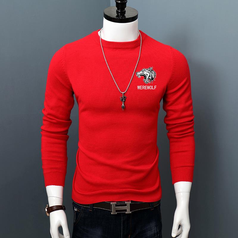 秋冬毛衣男士新款上衣针织时尚圆领印花打底衫百搭修身保暖0926c